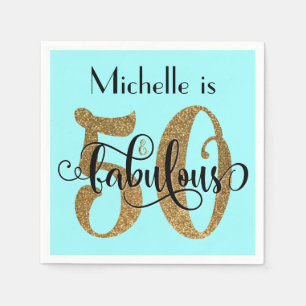 50 & Fabulous Gold Glitter Birthday Light Aqua Napkins