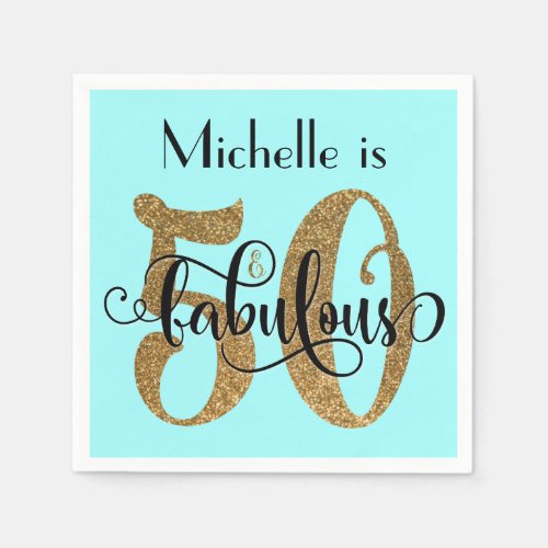 50  Fabulous Gold Glitter Birthday Light Aqua Napkins