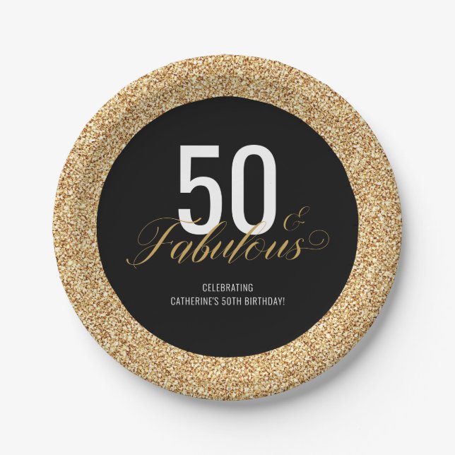 50 & Fabulous Gold Glitter Birthday Party Paper Plates (Front)