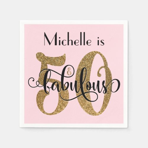 50  Fabulous Gold Glitter Birthday Pastel Pink Napkins