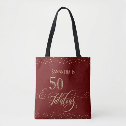 50  Fabulous Gold Glitter Confetti  Burgundy Tote Bag