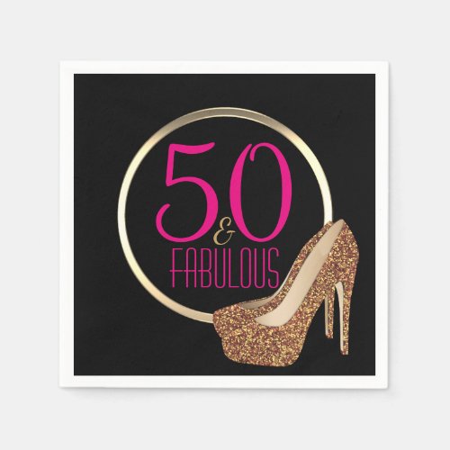 50  Fabulous Gold Glitter High Heel 50th Birthday Napkins