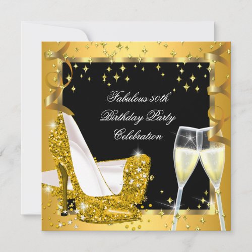 50 Fabulous Gold Glitter High Heels Birthday 4 Invitation