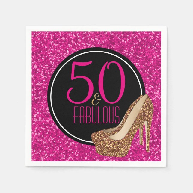 50 & Fabulous | Gold Glitter Pink 50th Birthday Napkins (Front)