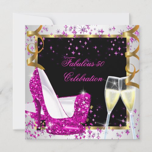 50 Fabulous Gold Glitter Pink High Heels Birthday Invitation