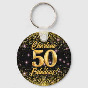 50 Fabulous Gold Glitter Pink Stars 50th Birthday Keychain