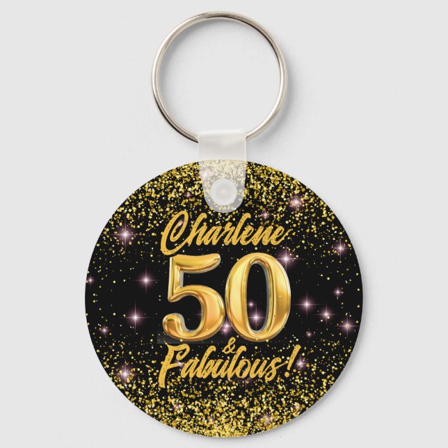 50 Fabulous Gold Glitter Pink Stars 50th Birthday Keychain (Front)
