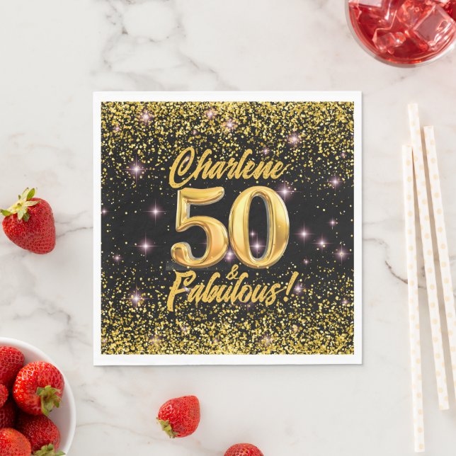 50 Fabulous Gold Glitter Pink Stars 50th Birthday Napkins (Insitu)