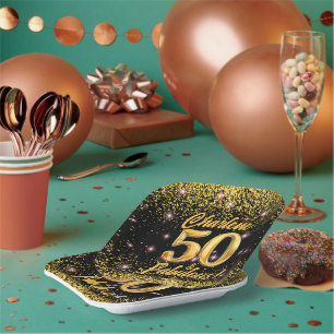 50 Fabulous Gold Glitter Pink Stars 50th Birthday Paper Plates