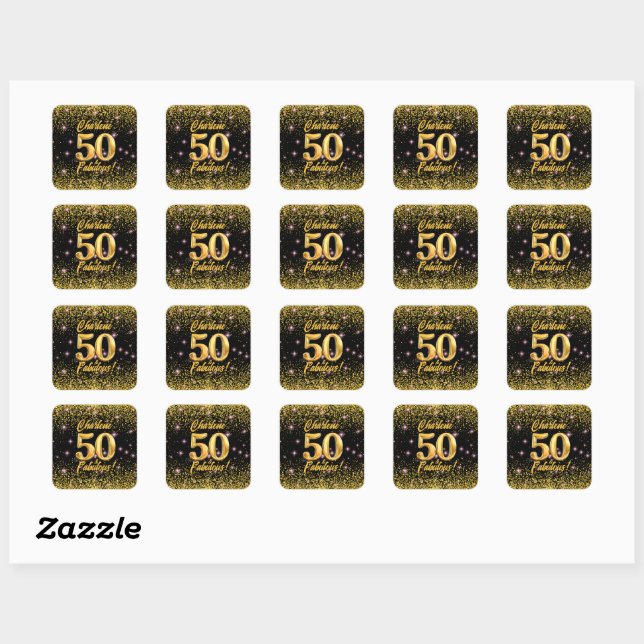 50 Fabulous Gold Glitter Pink Stars 50th Birthday Square Sticker (Sheet)