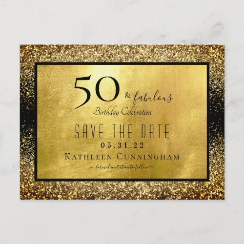 50  Fabulous Gold Glitter Save the Date Postcard