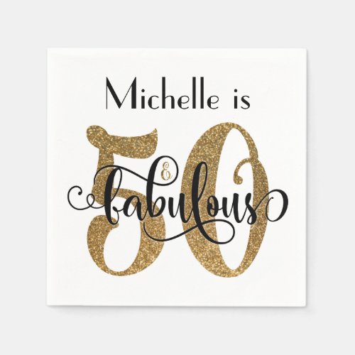 50  Fabulous Gold Glitter Typography Birthday Paper Napkins