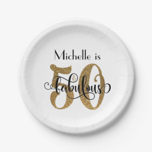 50 & Fabulous Gold Glitter Typography Birthday Paper Plates