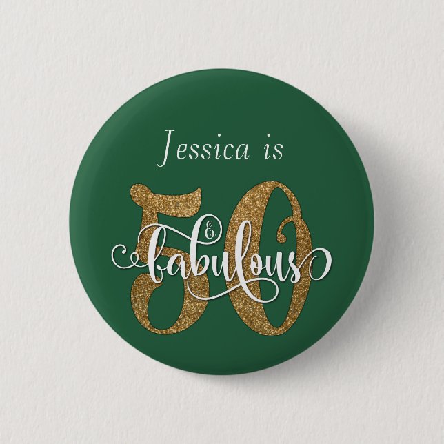 50 & Fabulous Gold Glitter Typography Leaf Green Button (Front)