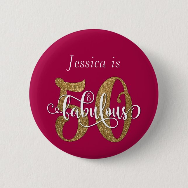 50 & Fabulous Gold Glitter Typography Raspberry Button (Front)