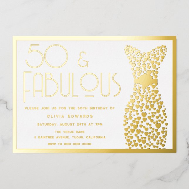 50 & Fabulous Gold Gown 50th Birthday Party Golden Foil Invitation (Front)