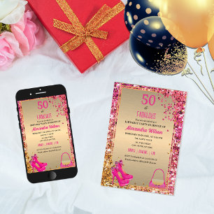 50 & Fabulous Gold Hot Pink Glittery High Heels  Invitation