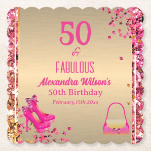50 & Fabulous Gold Hot Pink Glittery High Heels Paper Coaster