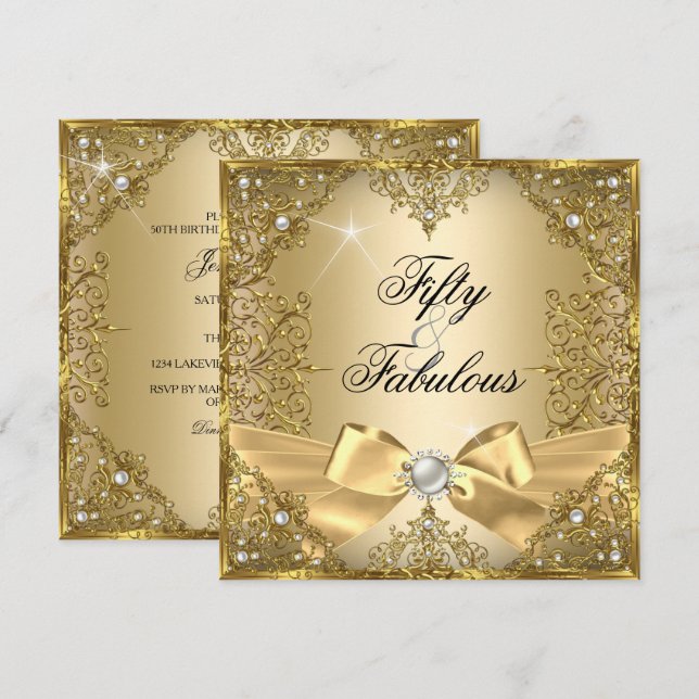 50 Fabulous Gold Pearl Bow 50th Birthday Invitation (Front/Back)