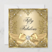 50 Fabulous Gold Pearl Bow 50th Birthday Invitation (Front)