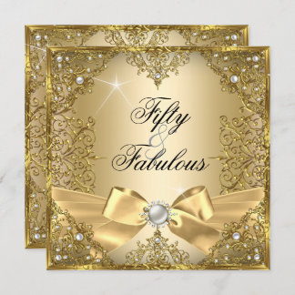 50 Fabulous Gold Pearl Bow 50th Birthday Invitation