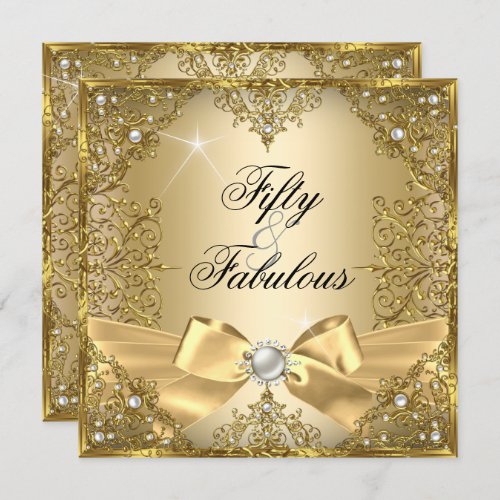 50 Fabulous Gold Pearl Bow 50th Birthday Invitation