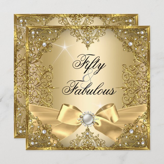 50 Fabulous Gold Pearl Bow 50th Birthday Invitation (Front/Back)