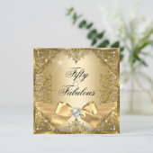50 Fabulous Gold Pearl Bow 50th Birthday Invitation (Standing Front)