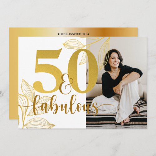 50  Fabulous Gold Photo Birthday Party Invitation