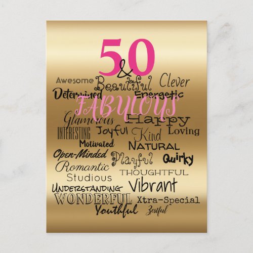 50  Fabulous Gold Pink Black Birthday Typography Invitation Postcard