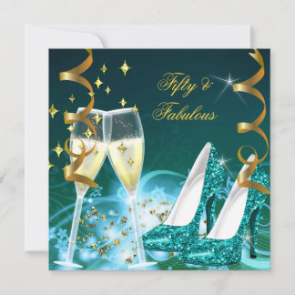 50 & Fabulous Gold Teal Glitter Heels Party Invitation