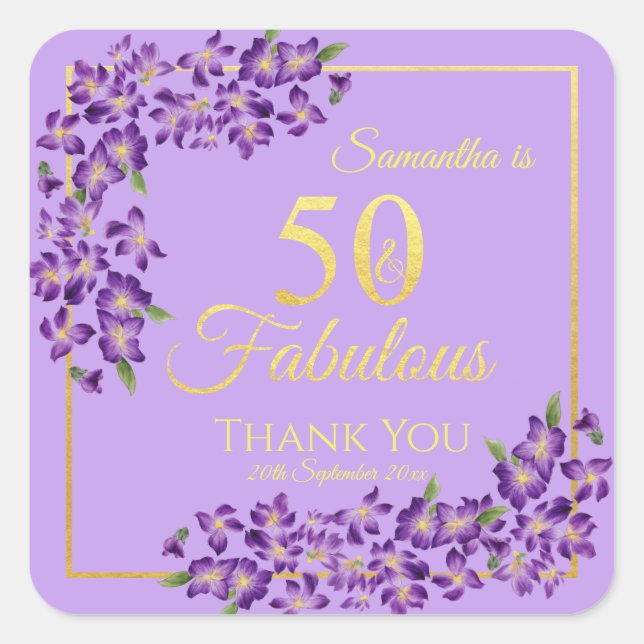 50 & Fabulous Gold Violet Flowers 50th Birthday  Square Sticker (Front)