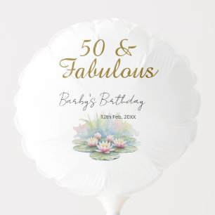 50 & fabulous golden water lotus lily watercolor balloon