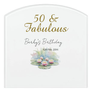 50 & fabulous golden water lotus lily watercolor door sign