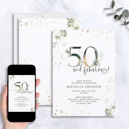 50  Fabulous Green Gold Botanical Birthday Invitation