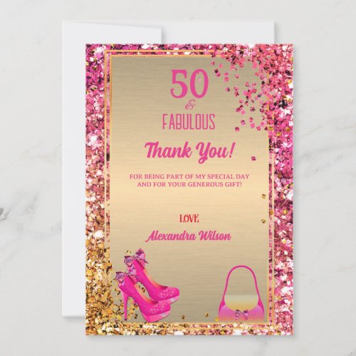 50 Fabulous High Heels Gold Hot Pink Glitter Glam Thank You Card