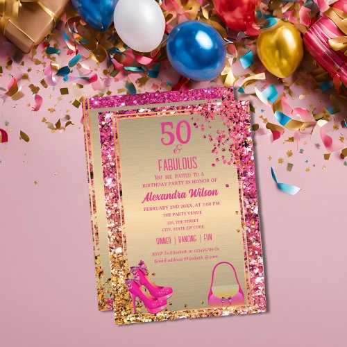 50 Fabulous High Heels Gold Pink Glitter luxury  Invitation