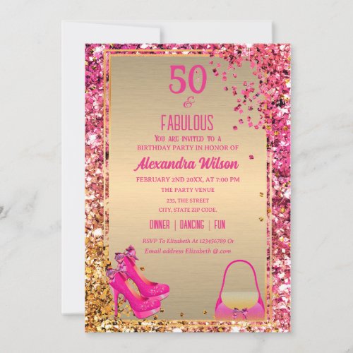 50  Fabulous High Heels Gold Pink Glittery Glam  Invitation