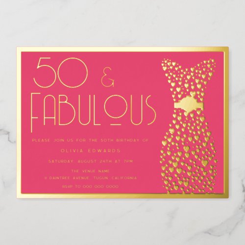 50  Fabulous Hot Pink 50th Birthday Party Gold Foil Invitation