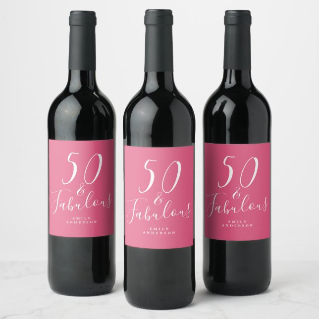 50 & Fabulous Hot Pink Custom Name 50th Birthday Wine Label (Bottles)