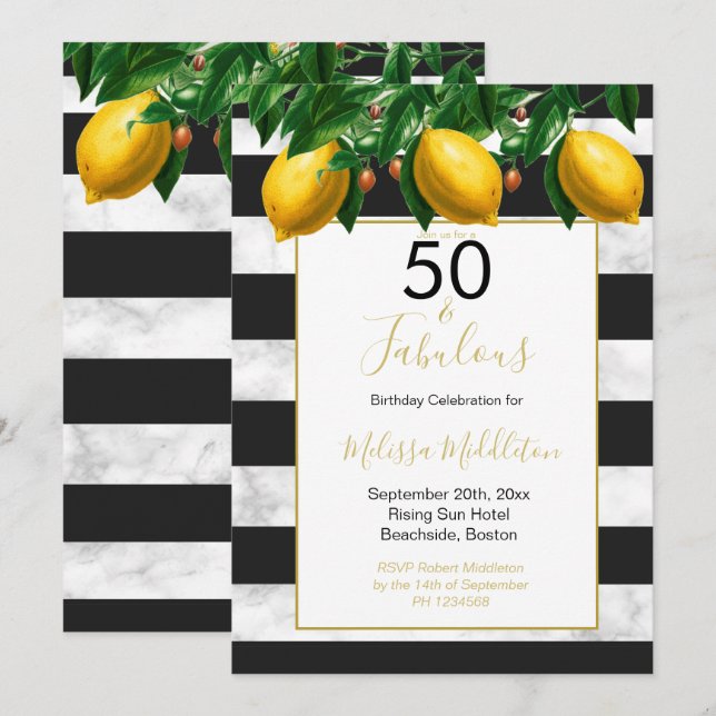 50 Fabulous Lemon Black White Stripe Marble  Invitation (Front/Back)