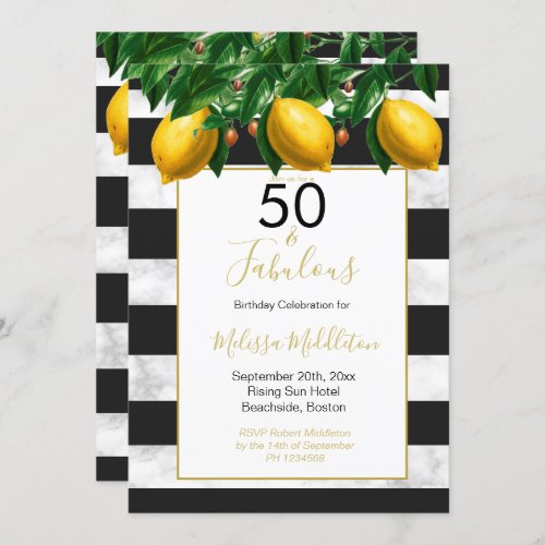 50 Fabulous Lemon Black White Stripe Marble  Invitation
