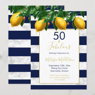 50 Fabulous Lemon Navy White Stripe Marble Invitation