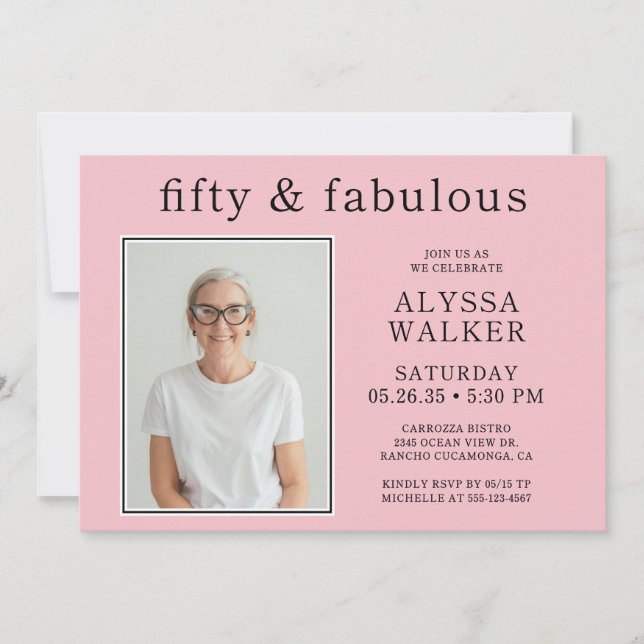50 Fabulous Minimal Blush Pink Photo 50th Birthday Invitation (Front)