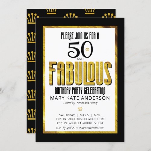 50 Fabulous Modern Gold Metallic Black Birthday Invitation