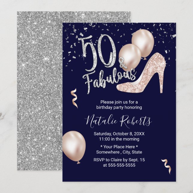 50 & Fabulous Modern High Heel 50th Birthday Navy Invitation (Front/Back)