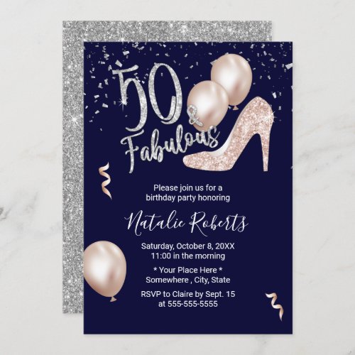 50  Fabulous Modern High Heel 50th Birthday Navy Invitation
