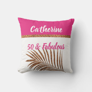 50 & Fabulous Monogrammed Name Gold Glitter Pink Outdoor Pillow