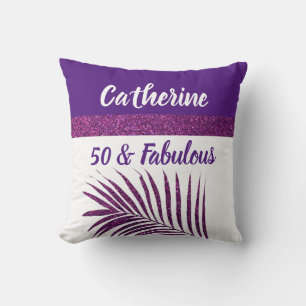 50 & Fabulous Monogrammed Name Purple Glitter Chic Throw Pillow