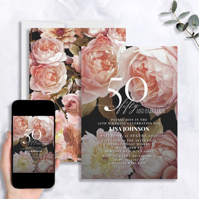 50 & Fabulous Moody Blush Pink Floral Botanical Invitation (Creator Uploaded)